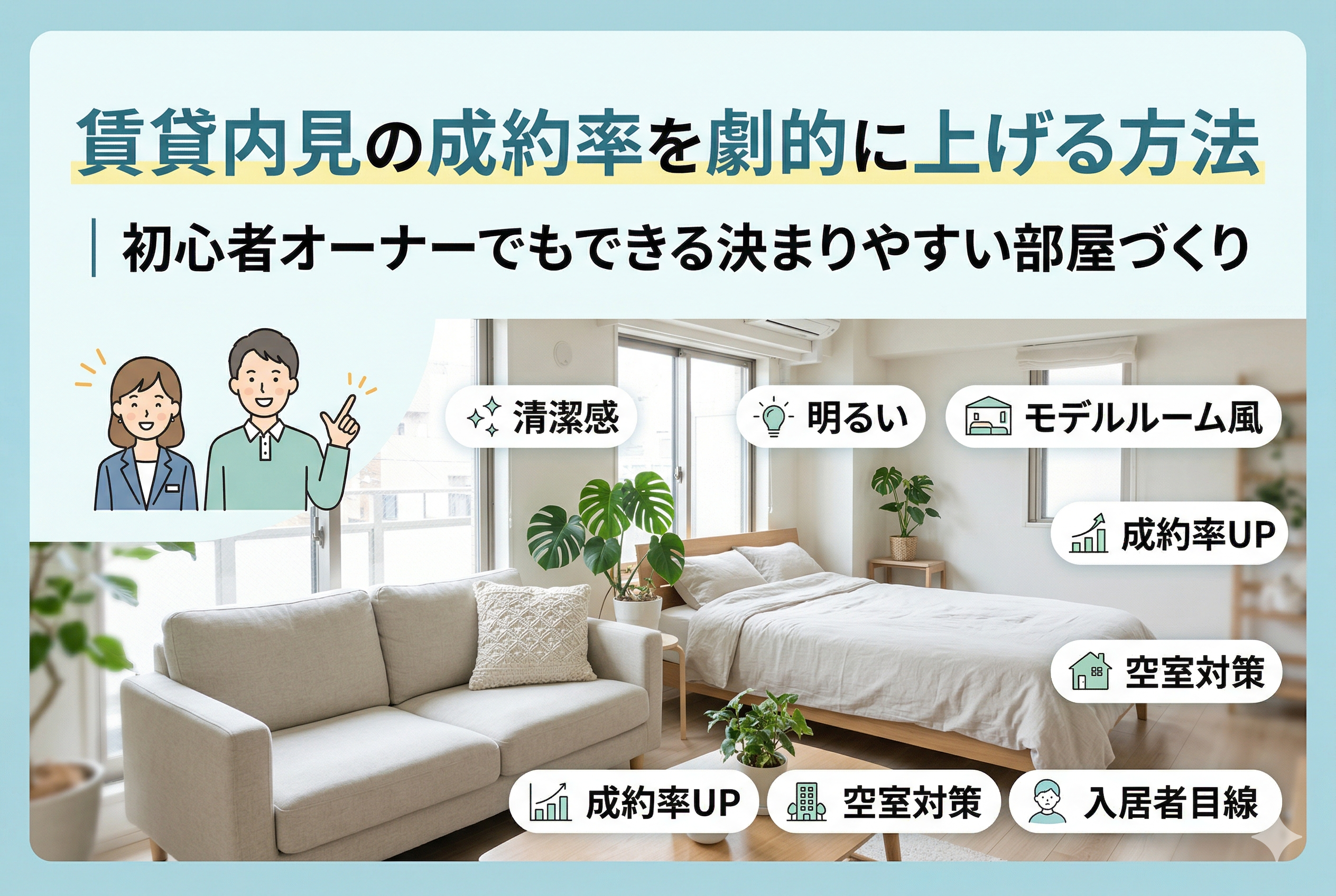 明るい木目調のインテリアで統一された賃貸物件のリビングルームとベッドルーム。清潔感のあるソファ、観葉植物、ベッドが配置され、モデルルームのように演出されています。左上には記事タイトル「賃貸内見の成約率を劇的に上げる方法|初心者オーナーでもできる決まりやすい部屋づくり」が掲載され、男性と女性のイラストが指を差してポイントを紹介しています。画像内には「清潔感」「明るい」「モデルルーム風」「成約率UP」「空室対策」「入居者目線」といったキーワードが、アイコン付きの吹き出しで配置されています。