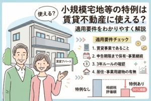 「小規模宅地等の特例は賃貸不動産に使える？ 適用要件をわかりやすく解説」というタイトルのアイキャッチ画像。笑顔のシニア夫婦と賃貸アパートのイラストが描かれ、右側には「1.賃貸事業であること」「2.申告期限まで保有・事業継続」「3.3年ルールの確認」「4.居住・事業用建物の有無」という適用要件チェックリストが記載されている。下部には、特例適用によって相続税評価額が50パーセント減額されることを示す比較グラフが掲載されている。