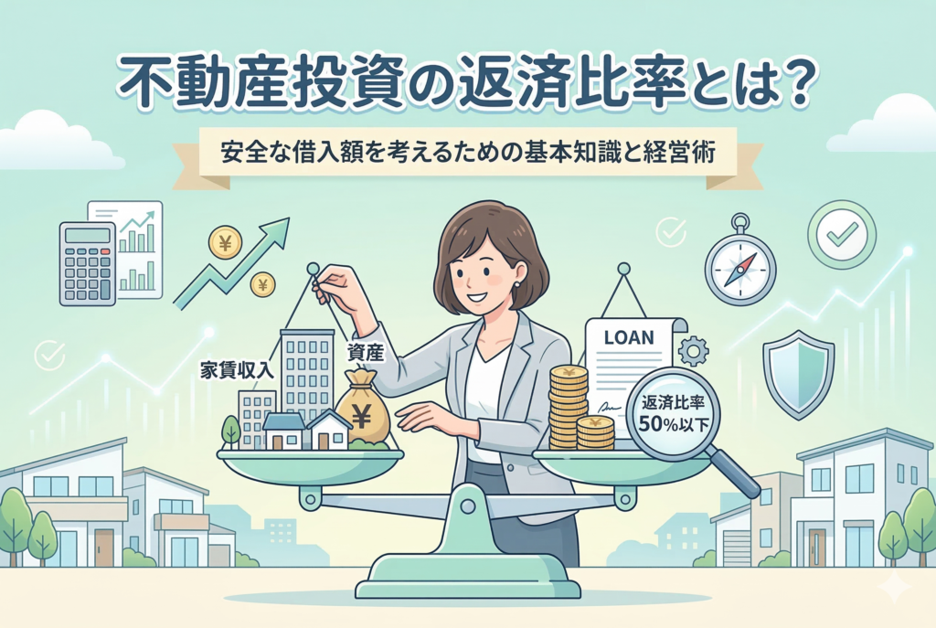不動産投資の返済比率について解説するアイキャッチ画像。女性投資家が天秤を使い、左側の「家賃収入・資産」と右側の「LOAN（ローン）・返済比率50%以下」のバランスを保っている様子を描いたイラスト。周囲には計算機、羅針盤、安全を象徴する盾のアイコンが配置されている。画像上部に「不動産投資の返済比率とは？ 安全な借入額を考えるための基本知識と経営術」という記事タイトルが書かれている。