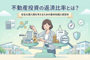 不動産投資の返済比率について解説するアイキャッチ画像。女性投資家が天秤を使い、左側の「家賃収入・資産」と右側の「LOAN（ローン）・返済比率50%以下」のバランスを保っている様子を描いたイラスト。周囲には計算機、羅針盤、安全を象徴する盾のアイコンが配置されている。画像上部に「不動産投資の返済比率とは？ 安全な借入額を考えるための基本知識と経営術」という記事タイトルが書かれている。