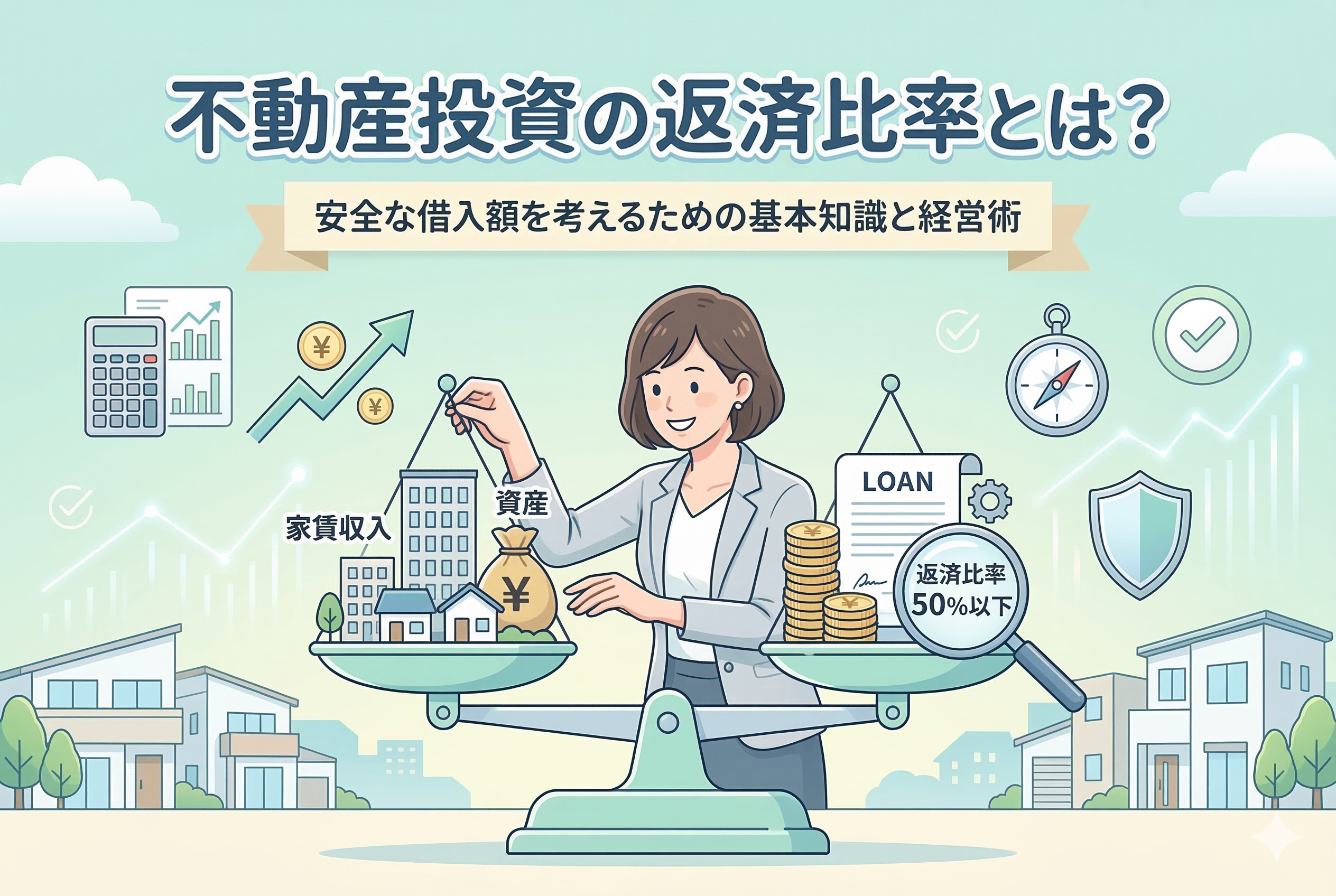 不動産投資の返済比率について解説するアイキャッチ画像。女性投資家が天秤を使い、左側の「家賃収入・資産」と右側の「LOAN（ローン）・返済比率50%以下」のバランスを保っている様子を描いたイラスト。周囲には計算機、羅針盤、安全を象徴する盾のアイコンが配置されている。画像上部に「不動産投資の返済比率とは？ 安全な借入額を考えるための基本知識と経営術」という記事タイトルが書かれている。