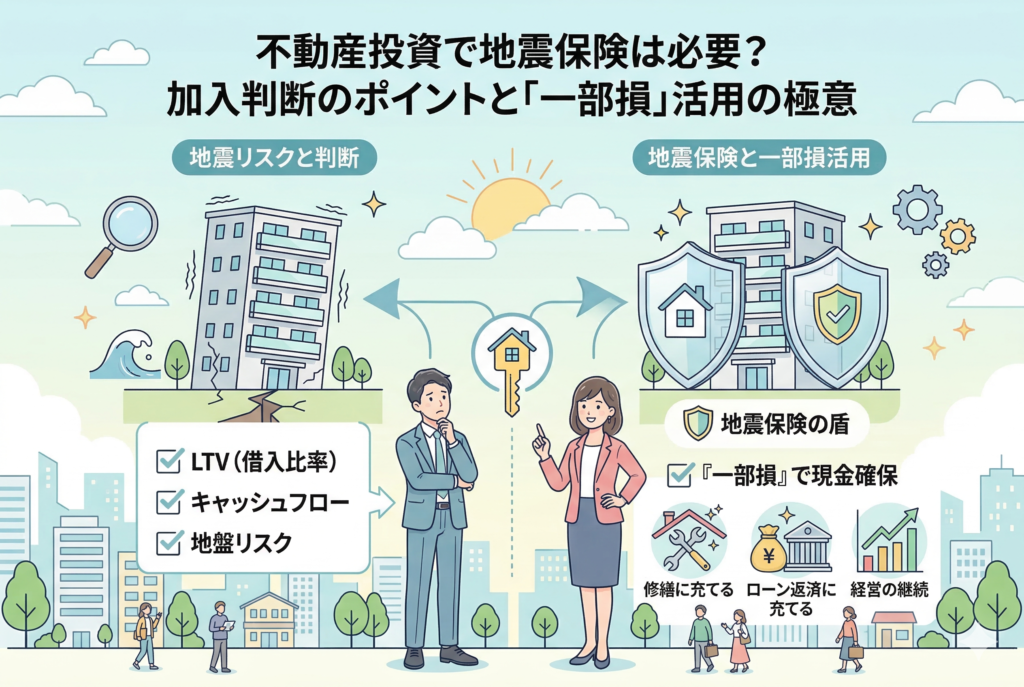 不動産投資における地震保険の加入判断基準をまとめたインフォグラフィック。左側の「地震リスクと判断」セクションでは、建物の揺れや津波の脅威とともに、借入比率(LTV)や地盤リスクを検討する重要性を提示。右側の「地震保険と一部損活用」セクションでは、保険が盾となり、一部損の認定を受けることで確保した現金を修繕やローン返済、経営継続に充てるポジティブなサイクルを図解している。中央では投資家が判断のポイントを学んでいる様子が描かれている。