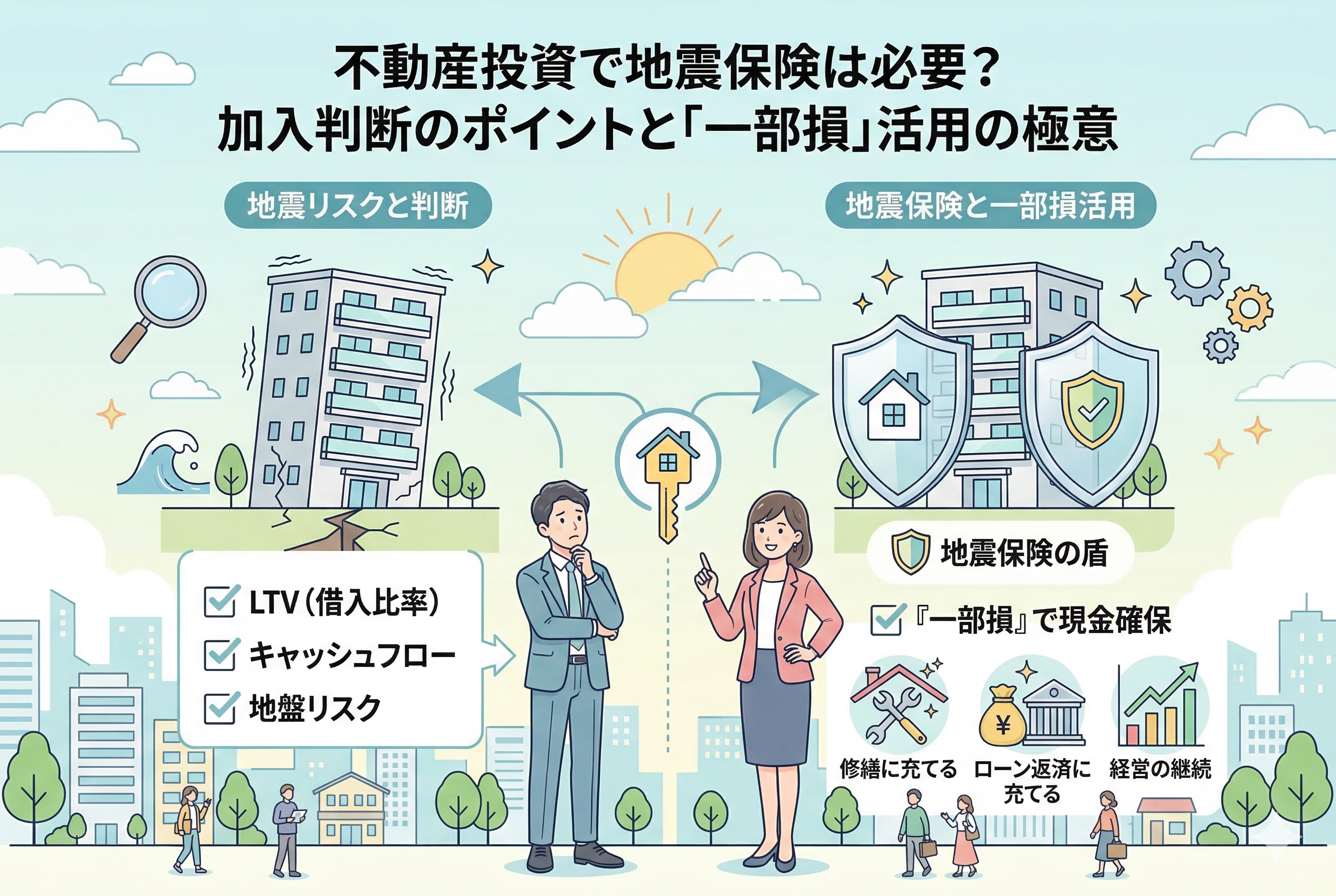 不動産投資における地震保険の加入判断基準をまとめたインフォグラフィック。左側の「地震リスクと判断」セクションでは、建物の揺れや津波の脅威とともに、借入比率(LTV)や地盤リスクを検討する重要性を提示。右側の「地震保険と一部損活用」セクションでは、保険が盾となり、一部損の認定を受けることで確保した現金を修繕やローン返済、経営継続に充てるポジティブなサイクルを図解している。中央では投資家が判断のポイントを学んでいる様子が描かれている。