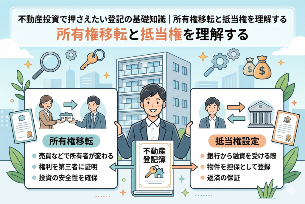 不動産投資の登記基礎知識を解説するインフォグラフィック。中央に「不動産登記簿」を持つ投資家の男性を配置し、左側に「所有権移転(売買による所有者の変更、権利の証明)」、右側に「抵当権設定(銀行融資の担保登録、返済の保証)」の役割をイラストと箇条書きで分かりやすく対比・図解している。