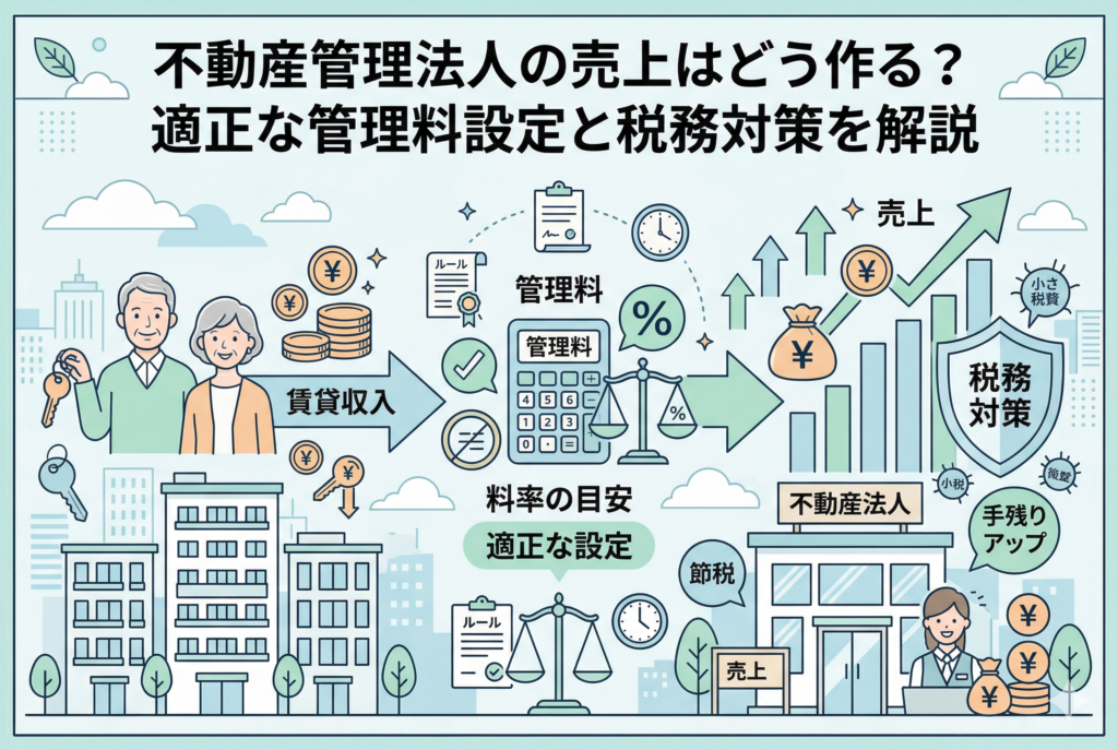 不動産管理法人の売上の作り方を解説する図解。家賃収入から管理手数料が引かれ、適正な管理料設定(5〜10%の目安)を経て法人の売上となる流れをイラストで示しています。電卓や天秤のアイコンで計算プロセスを表現し、右側には税務対策による「節税」と「手残りアップ」の効果が描かれています。