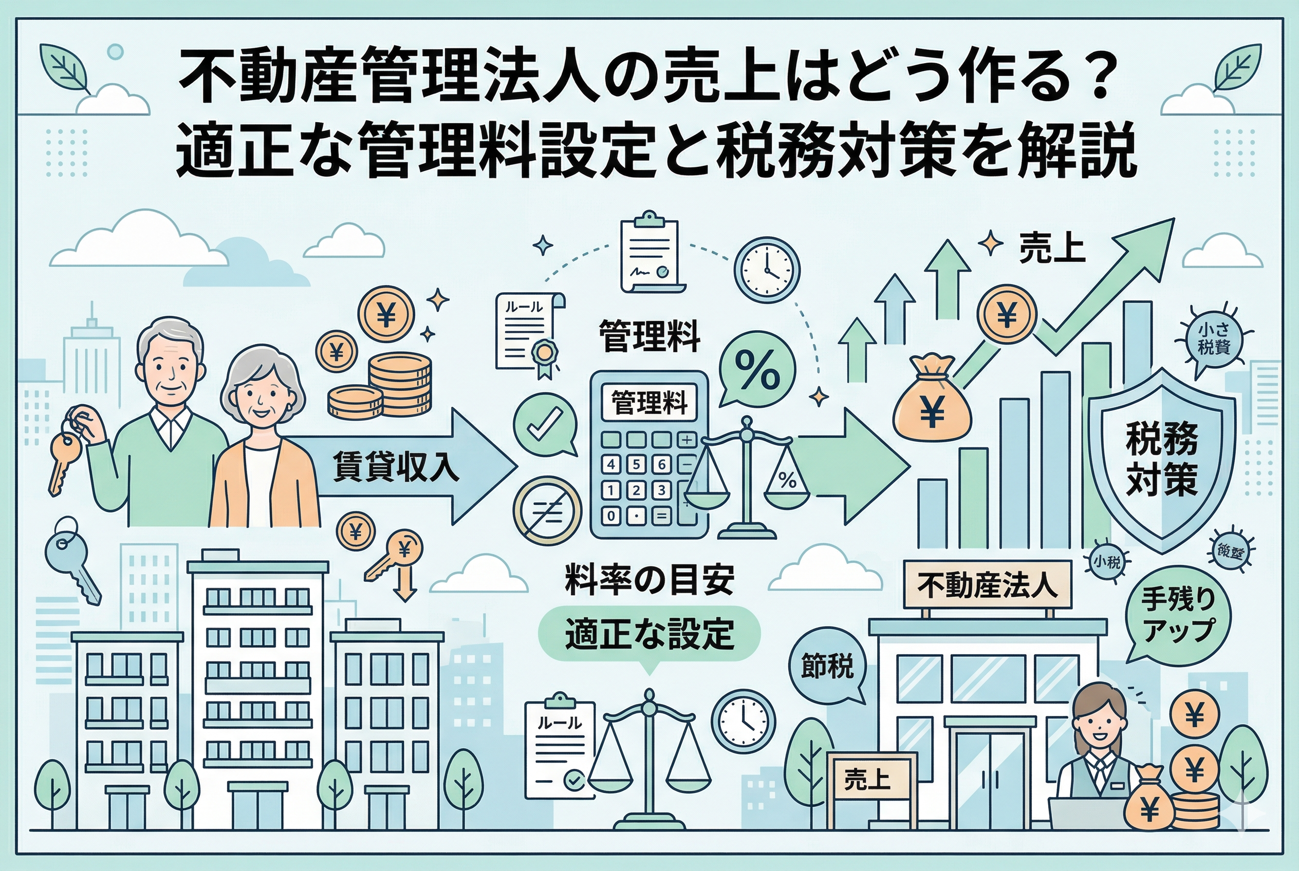 不動産管理法人の売上の作り方を解説する図解。家賃収入から管理手数料が引かれ、適正な管理料設定(5〜10%の目安)を経て法人の売上となる流れをイラストで示しています。電卓や天秤のアイコンで計算プロセスを表現し、右側には税務対策による「節税」と「手残りアップ」の効果が描かれています。