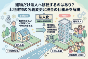 不動産の所有形態（土地・建物ともに個人名義 vs 建物のみ法人移転）を比較したインフォグラフィック。左側のBeforeでは相続税の重さや納税資金不足の悩みが描かれ、右側のAfterでは建物を法人名義に、土地を個人名義に分けることで、所得分散や相続税軽減が実現される仕組みを対比形式で図解しています。