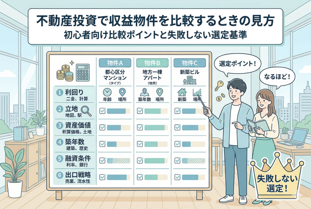不動産投資の物件比較ポイントを解説するイラスト。ホワイトボードには「利回り」「立地」「資産価値」「築年数」「融資条件」「出口戦略」の6つの評価項目がリストアップされ、都心区分マンション・地方一棟アパート・新築ビルの3つの物件タイプを横並びで検討している。男女の投資家が納得した表情でボードを眺めており、失敗しない選定基準を視覚的に表現している。