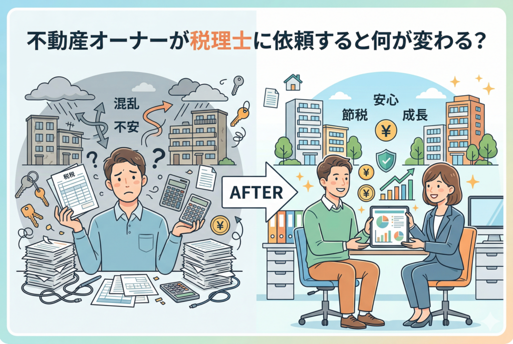 不動産オーナーが税理士に依頼する前後の変化を比較したイラスト。左側の「BEFORE」では、山積みの書類や電卓を前に男性が「混乱」「不安」を感じている様子が描かれ、右側の「AFTER」では、税理士と笑顔でタブレットのグラフを見ながら「安心」「節税」「成長」を実感している様子が描かれています。上部には「不動産オーナーが税理士に依頼すると何が変わる?」というタイトルが入っています。