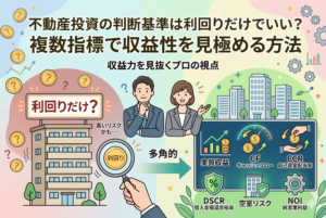 不動産投資の判断基準に関するイラスト。左側には「利回りだけ？」と問いかける建物と、虫眼鏡で利回りだけを見る手。右側には笑顔の男女プロフェッショナルが指さすデータボードがあり、実質収益、キャッシュフロー(CF)、自己資金配当率(CCR)、DSCR、空室リスク、純営業利益(NOI)の複数指標が表示されている。「複数指標で収益性を見極める方法」という日本語タイトル入り。