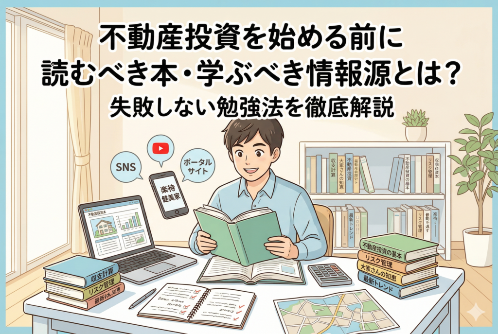 デスクで不動産投資の勉強に励む男性のイラスト。手元の本やノート、電卓、そしてノートパソコンやスマートフォンに表示された「SNS」「ポータルサイト」などのアイコンを通じて、書籍による体系的な学習とネットによる最新情報の収集を組み合わせて学んでいる様子を描いている。背景の本棚にはリスク管理や収支計算に関する本が並び、失敗しないための土台作りを表現している。