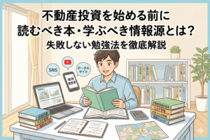 デスクで不動産投資の勉強に励む男性のイラスト。手元の本やノート、電卓、そしてノートパソコンやスマートフォンに表示された「SNS」「ポータルサイト」などのアイコンを通じて、書籍による体系的な学習とネットによる最新情報の収集を組み合わせて学んでいる様子を描いている。背景の本棚にはリスク管理や収支計算に関する本が並び、失敗しないための土台作りを表現している。