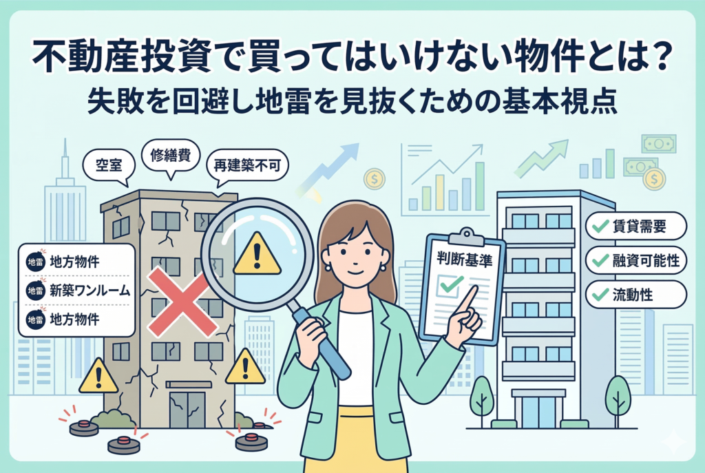 不動産投資で買ってはいけない物件（地雷物件）を見抜くための基本視点を解説するアイキャッチ画像。中央の女性が拡大鏡を使い、左側の古くひび割れた「×」印のビル（空室、修繕費、再建築不可、地雷地方物件、新築ワンルーム）を選別し、右側の新しい「✓」印のビル（賃貸需要、融資可能性、流動性）を推奨している。クリップボードには「判断基準」と書かれている。
