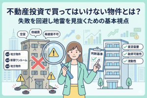 不動産投資で買ってはいけない物件（地雷物件）を見抜くための基本視点を解説するアイキャッチ画像。中央の女性が拡大鏡を使い、左側の古くひび割れた「×」印のビル（空室、修繕費、再建築不可、地雷地方物件、新築ワンルーム）を選別し、右側の新しい「✓」印のビル（賃貸需要、融資可能性、流動性）を推奨している。クリップボードには「判断基準」と書かれている。