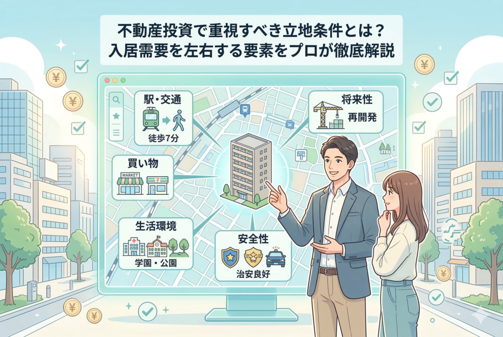 不動産投資のアドバイザーが、初心者の女性に立地条件について地図のディスプレイを使いながら解説している。ディスプレイには、「駅・交通」（徒歩7分）、「買い物」、「生活環境」（病院、学校、公園）、「将来性」（再開発）、「安全性」（治安良好）といった要素がアイコンと共に表示されている。上部には「不動産投資で重視すべき立地条件とは？」「入居需要を左右する要素をプロが徹底解説」という記事タイトルが書かれている。