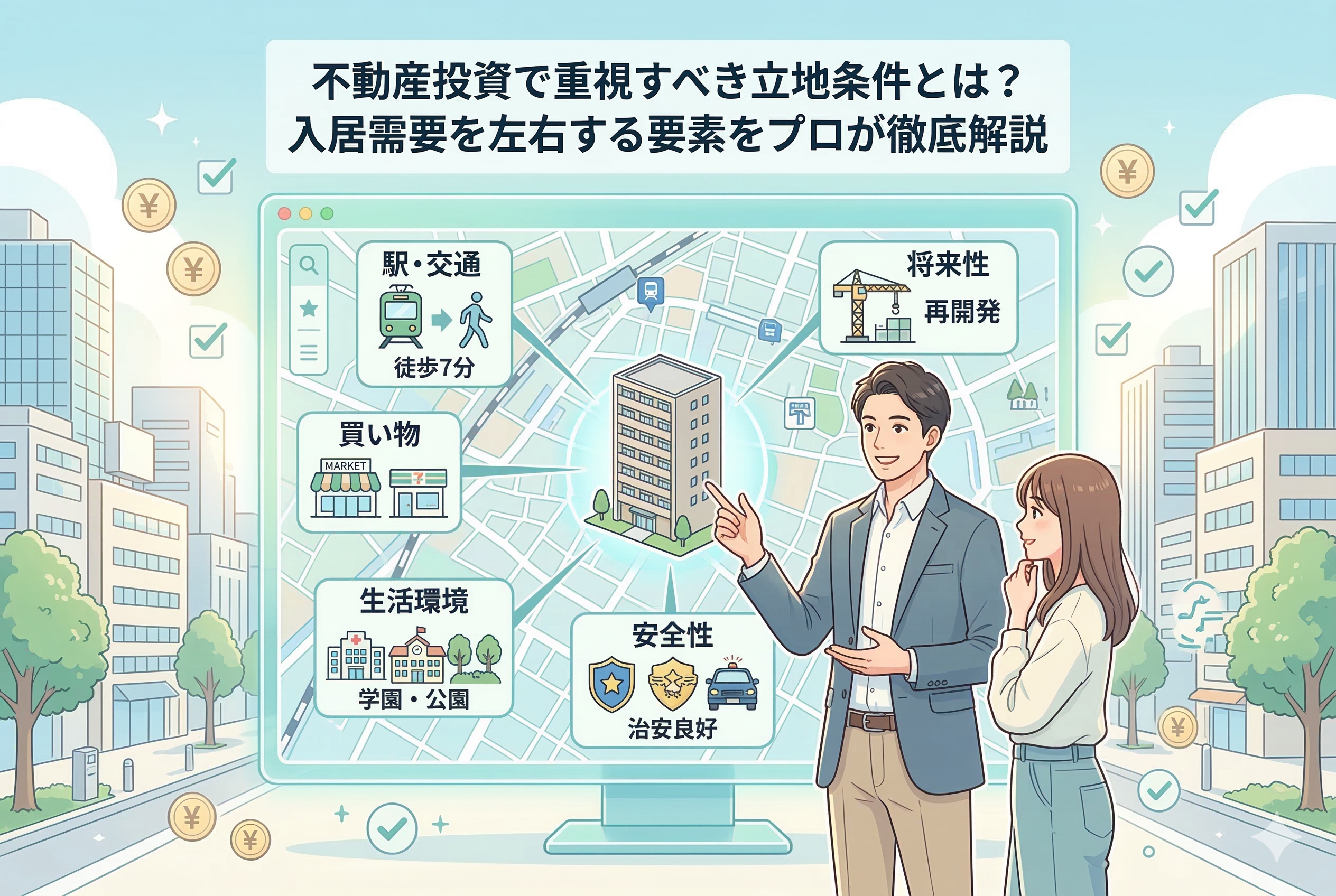 不動産投資のアドバイザーが、初心者の女性に立地条件について地図のディスプレイを使いながら解説している。ディスプレイには、「駅・交通」（徒歩7分）、「買い物」、「生活環境」（病院、学校、公園）、「将来性」（再開発）、「安全性」（治安良好）といった要素がアイコンと共に表示されている。上部には「不動産投資で重視すべき立地条件とは？」「入居需要を左右する要素をプロが徹底解説」という記事タイトルが書かれている。