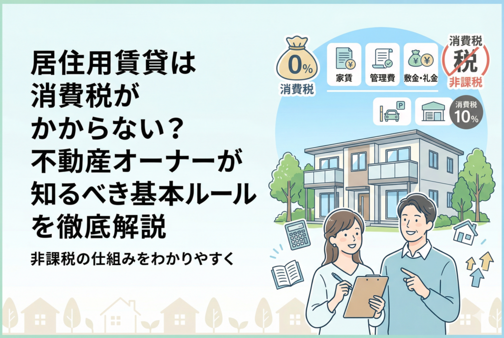 「居住用賃貸は消費税がかからない?」という記事タイトルと、アパートの前で資料を確認する不動産オーナーのイラスト。家賃や管理費が非課税であることを示すアイコンが描かれた、清潔感のあるブログ用アイキャッチ画像。