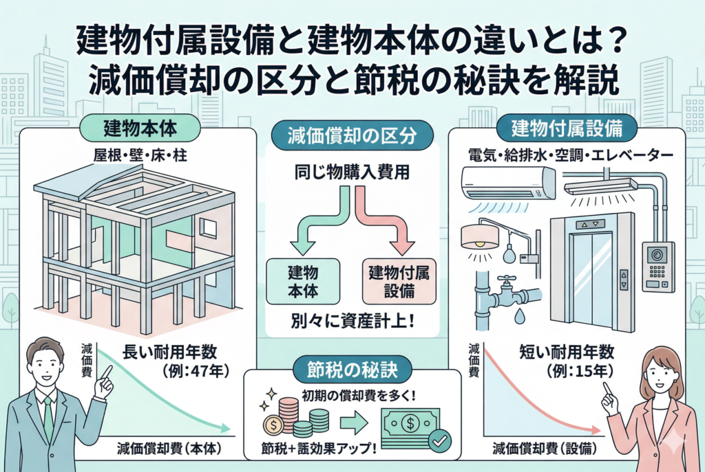 建物本体と建物附属設備の減価償却の違いを比較した解説画像。左側に耐用年数が長い「建物本体(屋根・壁・床・柱)」、右側に耐用年数が短い「建物附属設備(電気・空調・エレベーター等)」を配置し、別々に資産計上することで初期の減価償却費を増やし、節税効果を高める仕組みを視覚的に説明しています。
