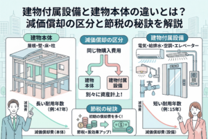 建物本体と建物附属設備の減価償却の違いを比較した解説画像。左側に耐用年数が長い「建物本体（屋根・壁・床・柱）」、右側に耐用年数が短い「建物附属設備（電気・空調・エレベーター等）」を配置し、別々に資産計上することで初期の減価償却費を増やし、節税効果を高める仕組みを視覚的に説明しています。