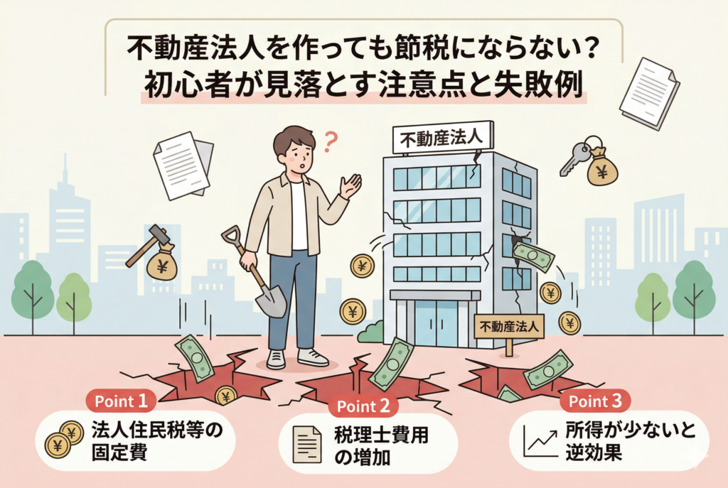 不動産法人の設立が節税にならないケースを視覚化したインフォグラフィック。困惑する男性の前に「不動産法人」と書かれた建物があり、足元の「落とし穴」に現金が吸い込まれている様子が描かれています。「法人住民税等の固定費」「税理士費用の増加」「所得が少ないと逆効果」という3つのポイントが、初心者にも分かりやすく図解されています。