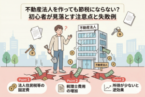 不動産法人の設立が節税にならないケースを視覚化したインフォグラフィック。困惑する男性の前に「不動産法人」と書かれた建物があり、足元の「落とし穴」に現金が吸い込まれている様子が描かれています。「法人住民税等の固定費」「税理士費用の増加」「所得が少ないと逆効果」という3つのポイントが、初心者にも分かりやすく図解されています。