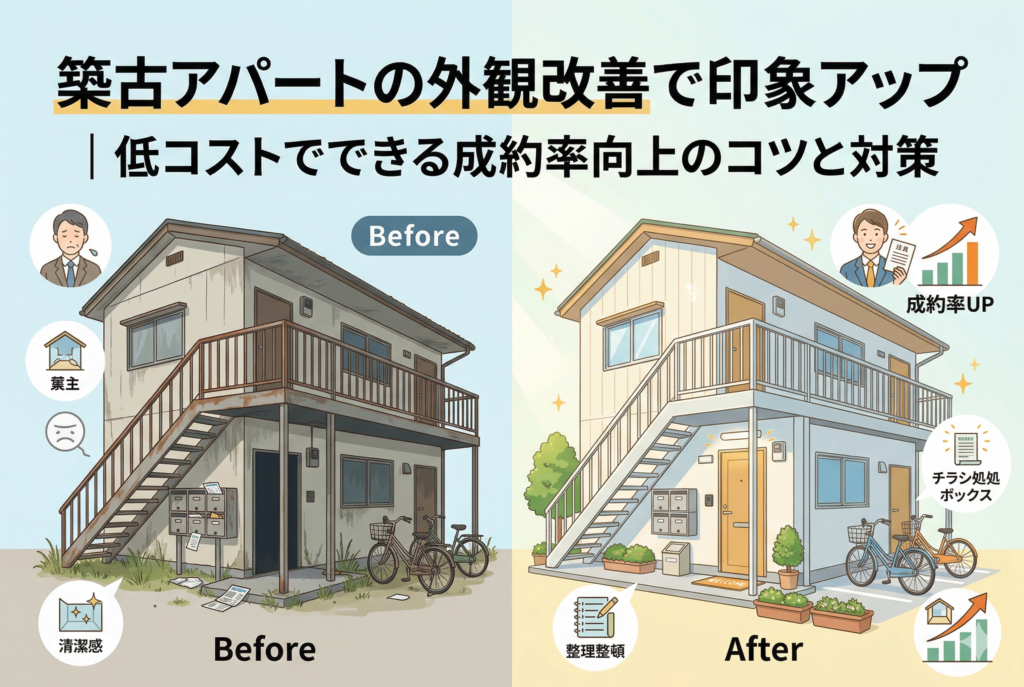 築古アパートの外観改善におけるBefore・After(ビフォーアフター)の比較イラスト。左側の改善前(Before)は、外壁の汚れ、錆びた階段、乱雑な駐輪場、チラシが溢れるポストなど暗い印象です。右側の改善後(After)は、清掃と部分補修により明るい外観になり、整理された駐輪場、チラシ回収ボックス、明るい照明、植栽が配置されています。上部には記事タイトル「築古アパートの外観改善で印象アップ|低コストでできる成約率向上のコツと対策」が記載され、右上のオーナーのイラストとともに成約率が上昇するグラフが描かれています。