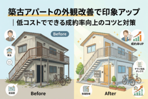 築古アパートの外観改善におけるBefore・After（ビフォーアフター）の比較イラスト。左側の改善前（Before）は、外壁の汚れ、錆びた階段、乱雑な駐輪場、チラシが溢れるポストなど暗い印象です。右側の改善後（After）は、清掃と部分補修により明るい外観になり、整理された駐輪場、チラシ回収ボックス、明るい照明、植栽が配置されています。上部には記事タイトル「築古アパートの外観改善で印象アップ｜低コストでできる成約率向上のコツと対策」が記載され、右上のオーナーのイラストとともに成約率が上昇するグラフが描かれています。