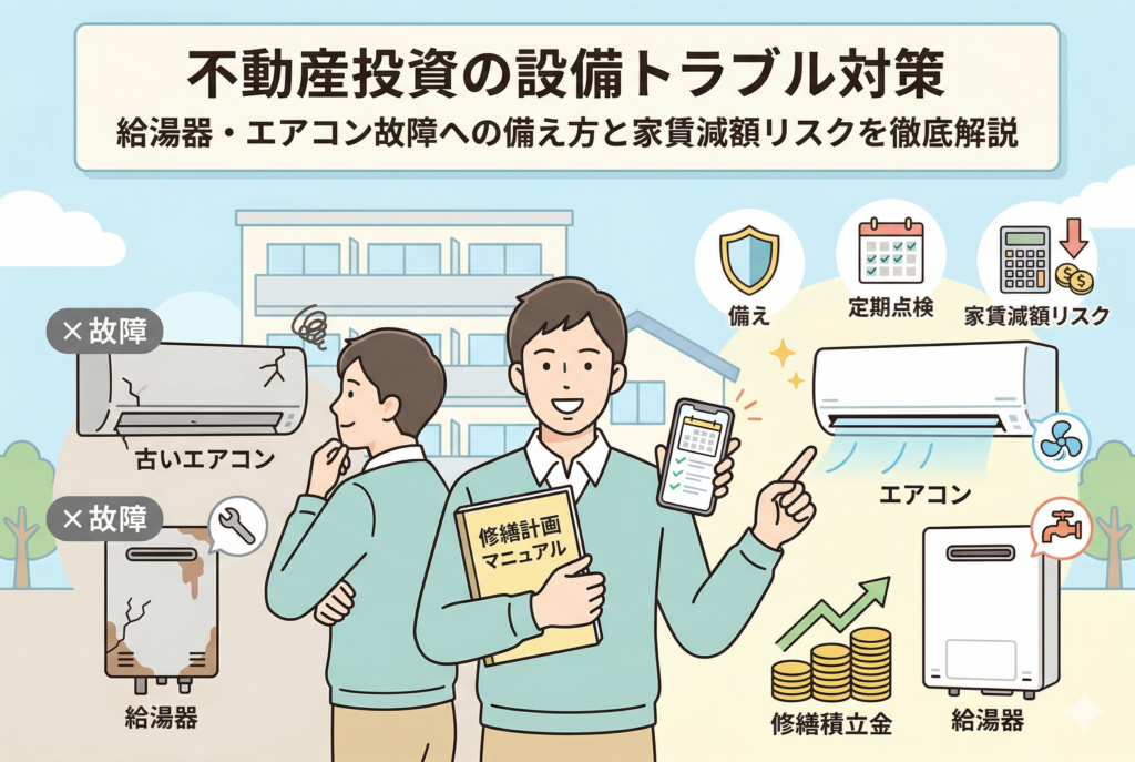 不動産投資における設備トラブル対策を解説したイラスト。左側には故障したエアコンや給湯器を前に困惑するオーナー、右側には「修繕計画マニュアル」を手に計画的に設備管理を行う笑顔のオーナーが対比で描かれている。中央には「定期点検」「家賃減額リスク」「修繕積立金」などのアイコンがあり、トラブルへの具体的な備えを表現している。