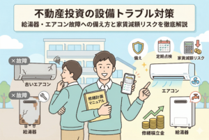 不動産投資における設備トラブル対策を解説したイラスト。左側には故障したエアコンや給湯器を前に困惑するオーナー、右側には「修繕計画マニュアル」を手に計画的に設備管理を行う笑顔のオーナーが対比で描かれている。中央には「定期点検」「家賃減額リスク」「修繕積立金」などのアイコンがあり、トラブルへの具体的な備えを表現している。