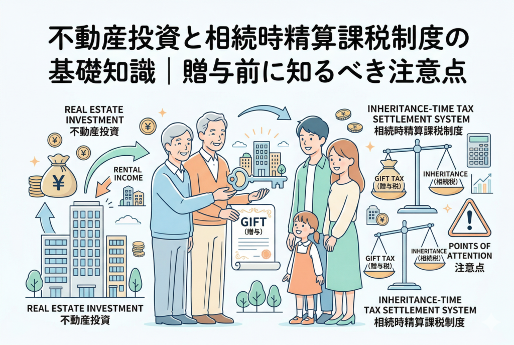 「不動産投資と相続時精算課税制度の基礎知識｜贈与前に知るべき注意点」という記事タイトルが入ったアイキャッチ画像。中央には、老夫婦（親）が若い夫婦と子供（子・孫）に鍵と「贈与」の巻物を手渡す世代間の資産承継のイラストがあります。左側には「不動産投資」と「家賃収入」を表すビル群とお金の袋、右側には「相続時精算課税制度」を象徴する贈与税と相続税のバランスを表す天秤、そして「注意点」を促す警告マークと電卓の図解があります。