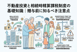 「不動産投資と相続時精算課税制度の基礎知識｜贈与前に知るべき注意点」という記事タイトルが入ったアイキャッチ画像。中央には、老夫婦（親）が若い夫婦と子供（子・孫）に鍵と「贈与」の巻物を手渡す世代間の資産承継のイラストがあります。左側には「不動産投資」と「家賃収入」を表すビル群とお金の袋、右側には「相続時精算課税制度」を象徴する贈与税と相続税のバランスを表す天秤、そして「注意点」を促す警告マークと電卓の図解があります。