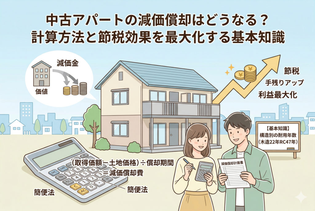 中古アパートの減価償却と節税効果を解説するイラスト。背景にアパート、手前に電卓や計画書を持つ男女が描かれ、簡便法の計算式や構造別耐用年数(木造22年、RC47年)が視覚化されています。節税による手残りアップをイメージした上向きの矢印が特徴的な、清潔感のあるデザイン。