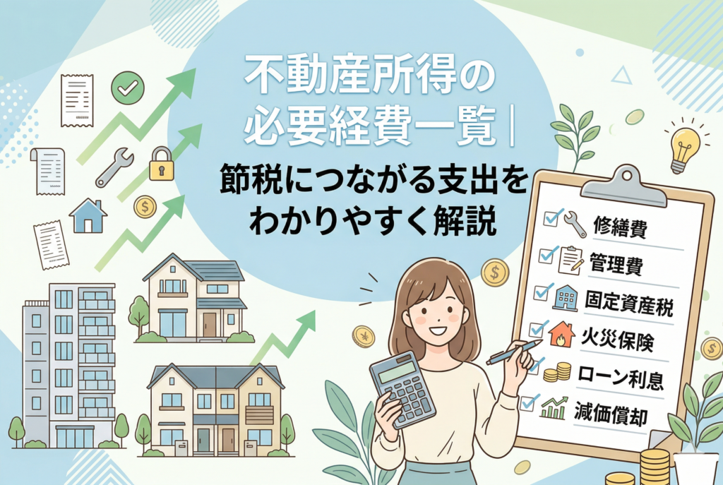 不動産所得の必要経費一覧と節税について解説するイラスト。笑顔の女性が電卓とペンを手に、アパートや一戸建ての物件と、修繕費、管理費、固定資産税などの主要な経費項目が書かれたクリップボードの間に立っている。「不動産所得の必要経費一覧|節税につながる支出をわかりやすく解説」のタイトル入り。
