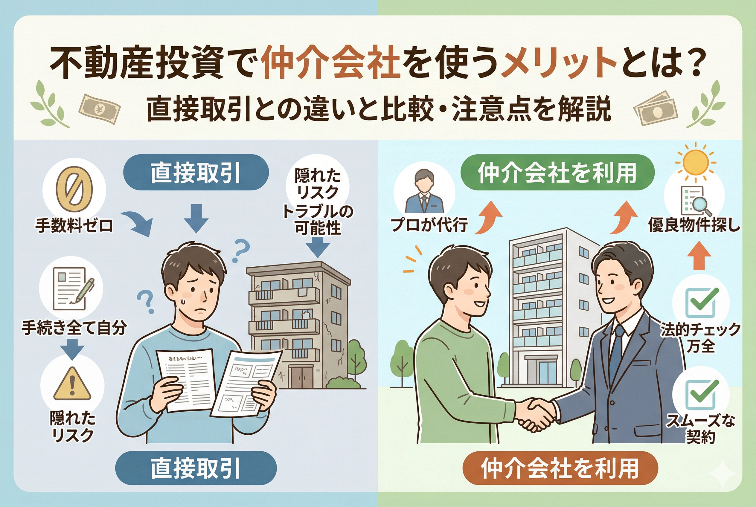 不動産投資において、直接取引と仲介会社を利用した場合の違いを比較したイラスト。左側は『直接取引』で、困惑した男性が古い建物を前に、手数料ゼロだが手続きが自分で隠れたリスクやトラブルの可能性がある様子。右側は『仲介会社を利用』で、笑顔の男性がプロのスタッフと綺麗なマンションを前に握手しており、プロが代行し優良物件探し、法的チェック、スムーズな契約が行えるメリットを示している。