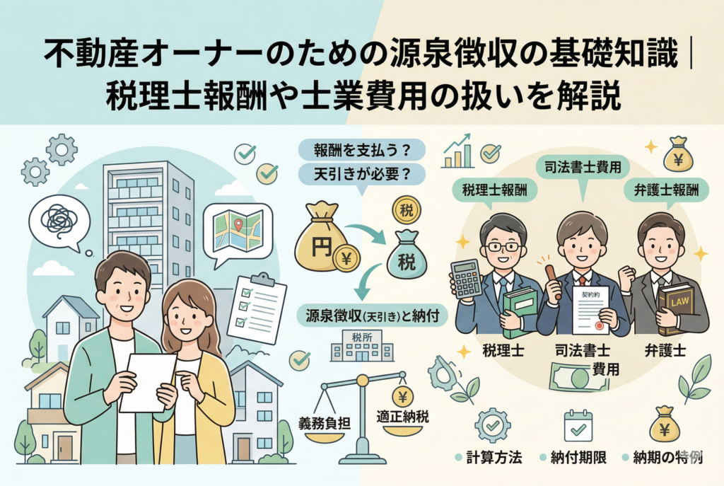 不動産オーナーが士業へ報酬を支払う際の「源泉徴収（天引き）」の仕組みを解説したインフォグラフィック。中央に税金の天引きと納付の流れ、右側に税理士・司法書士・弁護士のイラストを配置。計算方法や納付期限、納期の特例といった実務の重要ポイントを視覚的にまとめた画像。