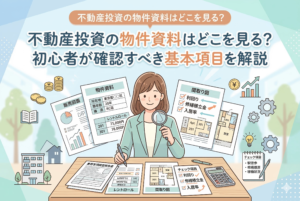 不動産投資の物件資料（販売図面やレントロールなど）を机に並べ、虫眼鏡やペンを使って丁寧にチェックしている女性のイラスト。「不動産投資の物件資料はどこを見る？初心者が確認すべき基本項目を解説」というタイトルが入った、清潔感のあるアイキャッチ画像です。