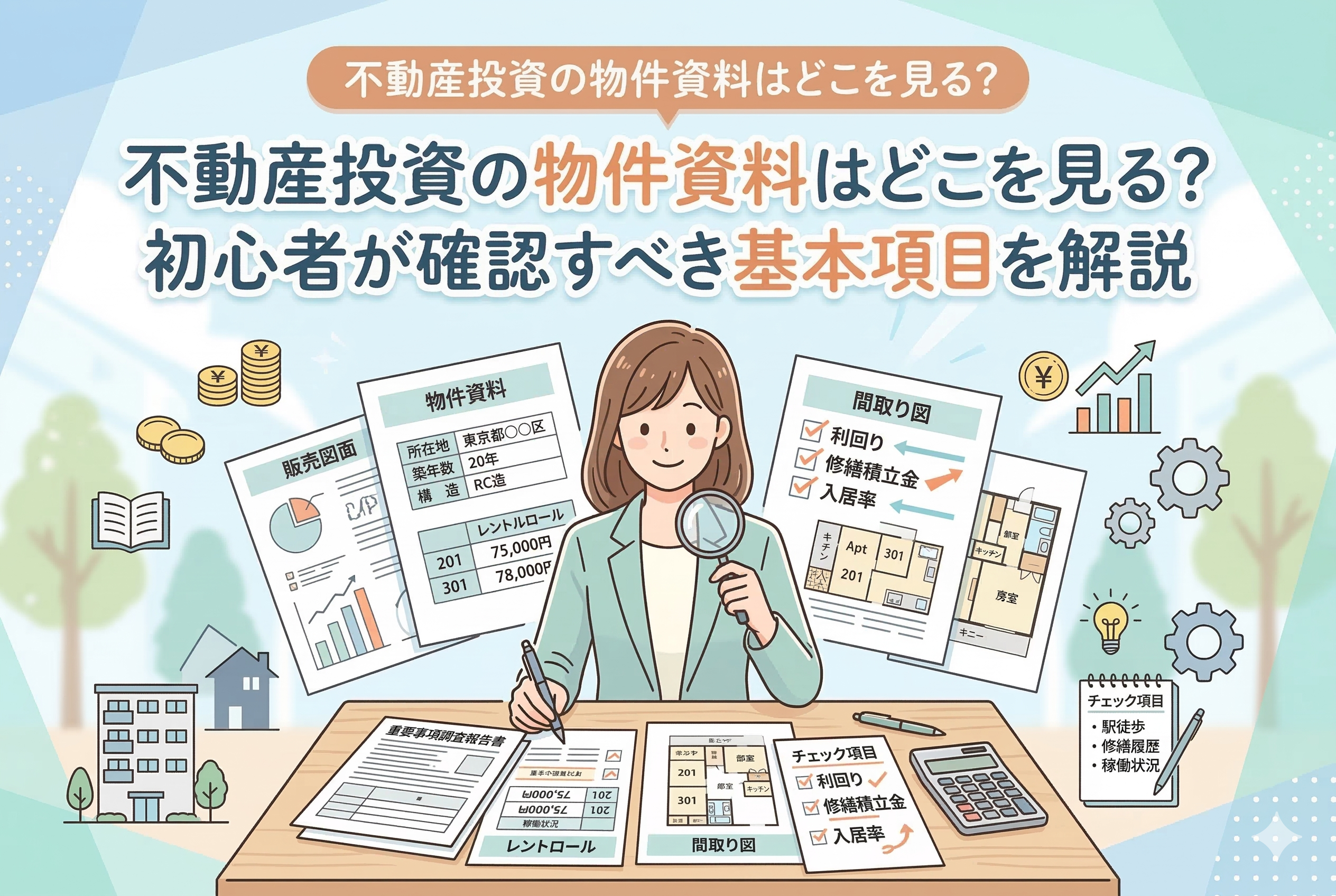 不動産投資の物件資料（販売図面やレントロールなど）を机に並べ、虫眼鏡やペンを使って丁寧にチェックしている女性のイラスト。「不動産投資の物件資料はどこを見る？初心者が確認すべき基本項目を解説」というタイトルが入った、清潔感のあるアイキャッチ画像です。