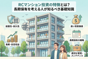 不動産投資初心者向けの記事「RCマンション投資の特徴とは？長期保有を考える人が知るべき基礎知識」のアイキャッチ画像。中央に住人が暮らす現代的なRCマンションが描かれ、周囲に「耐震性・耐久性」、「長期・安定収益」、「高い資産価値」、「長期保有の戦略」、「適切な管理・メンテナンス」という5つのメリットがアイコンと日本語で紹介されている。下部には幸せそうな投資家カップルが立っており、全体として清潔感のあるデザインとなっている。