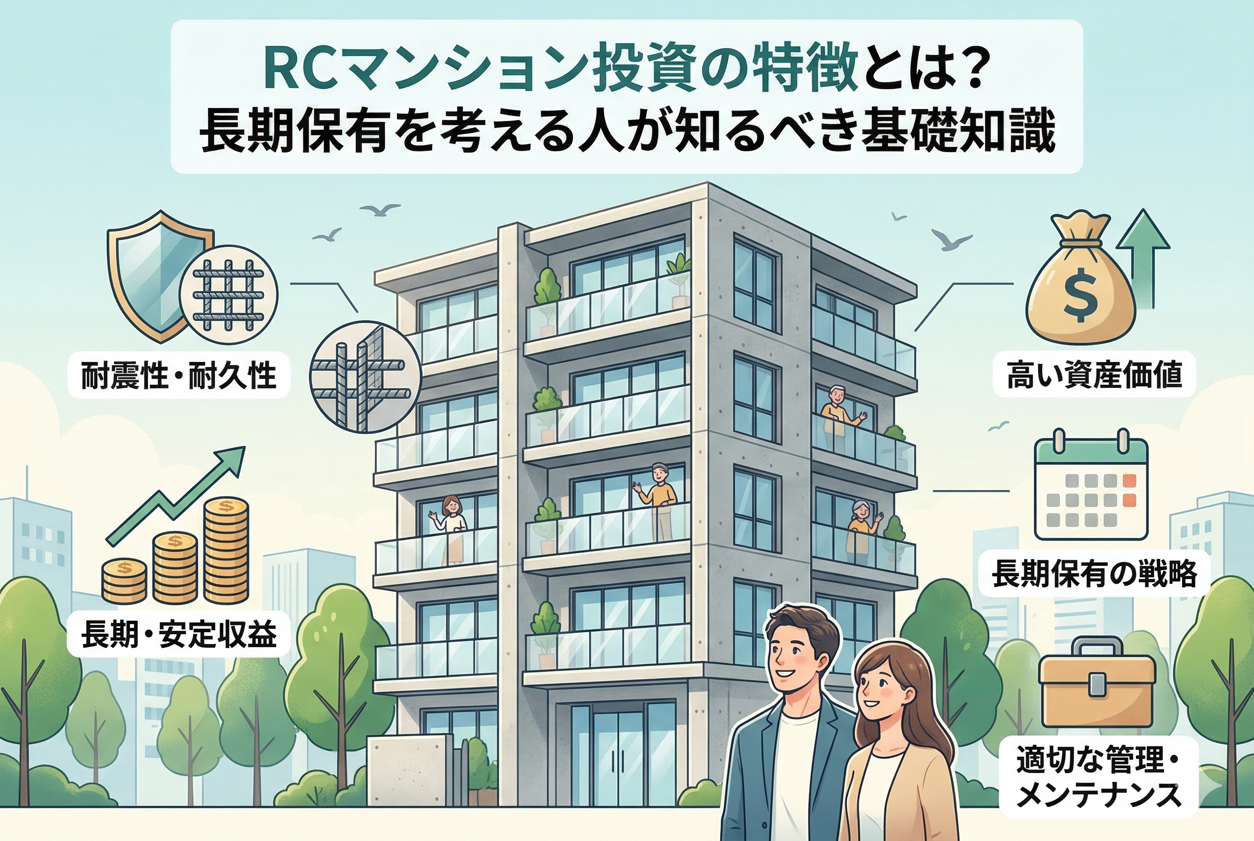 不動産投資初心者向けの記事「RCマンション投資の特徴とは？長期保有を考える人が知るべき基礎知識」のアイキャッチ画像。中央に住人が暮らす現代的なRCマンションが描かれ、周囲に「耐震性・耐久性」、「長期・安定収益」、「高い資産価値」、「長期保有の戦略」、「適切な管理・メンテナンス」という5つのメリットがアイコンと日本語で紹介されている。下部には幸せそうな投資家カップルが立っており、全体として清潔感のあるデザインとなっている。