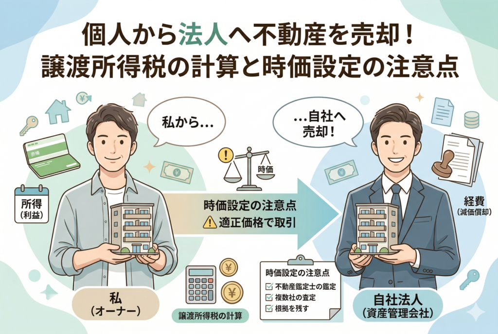 個人オーナーから自社法人（資産管理会社）へ不動産を売却する際の税務上の仕組みを図解したイラスト。左側に「私（オーナー）」、右側に「自社法人」が描かれ、中央の矢印には適正な「時価」で取引することの重要性が天秤のアイコンと共に示されています。譲渡所得税の計算や、不動産鑑定士の鑑定・複数社の査定といった「根拠を残す」ためのポイントが視覚的にまとめられたインフォグラフィックです。