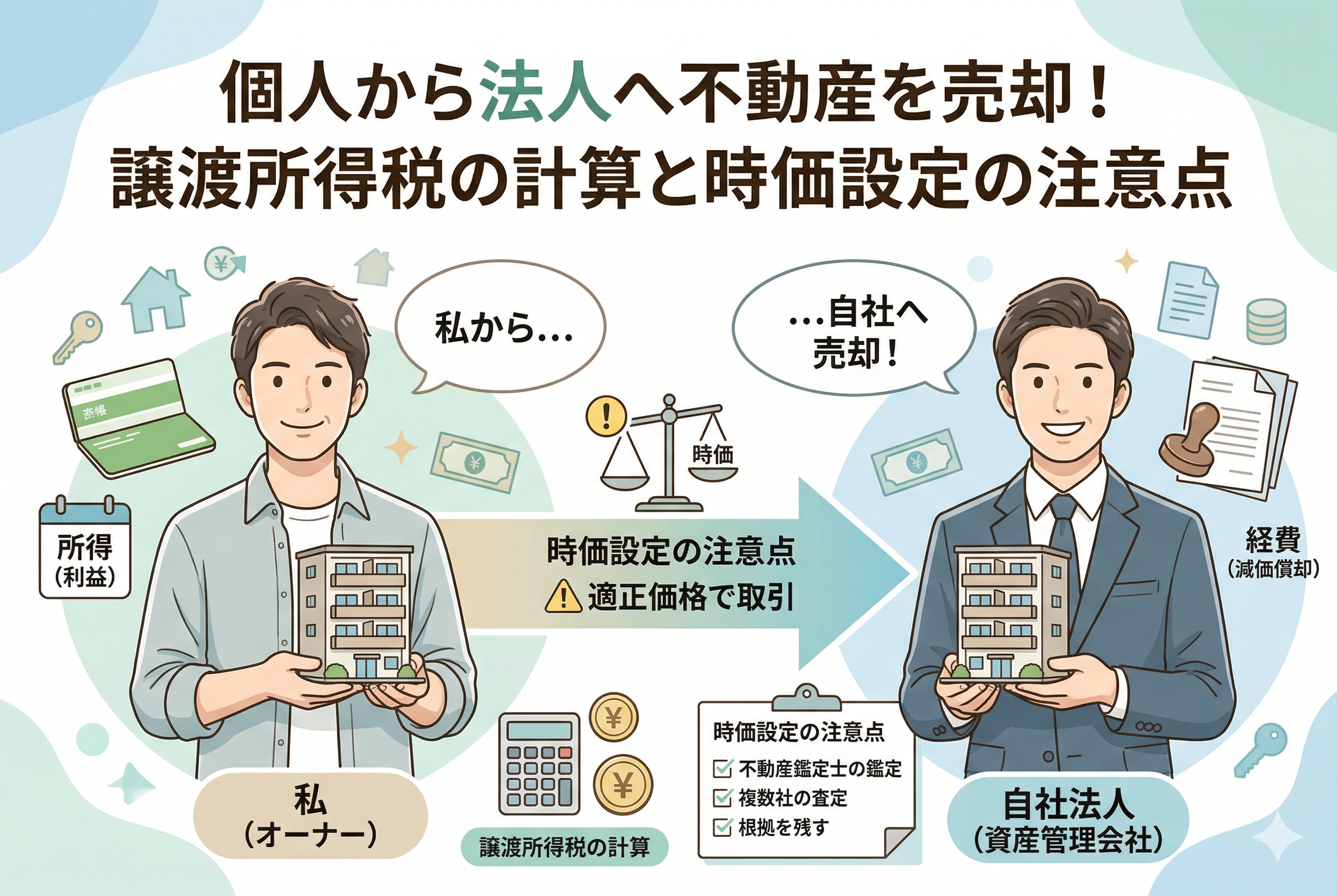 個人オーナーから自社法人（資産管理会社）へ不動産を売却する際の税務上の仕組みを図解したイラスト。左側に「私（オーナー）」、右側に「自社法人」が描かれ、中央の矢印には適正な「時価」で取引することの重要性が天秤のアイコンと共に示されています。譲渡所得税の計算や、不動産鑑定士の鑑定・複数社の査定といった「根拠を残す」ためのポイントが視覚的にまとめられたインフォグラフィックです。