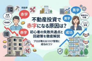 不動産投資の赤字原因と回避策を対比したイラスト。左側には赤字に悩む人と老朽化した建物、右側にはリスク管理で黒字を達成し成功している人と綺麗なマンションが描かれている。