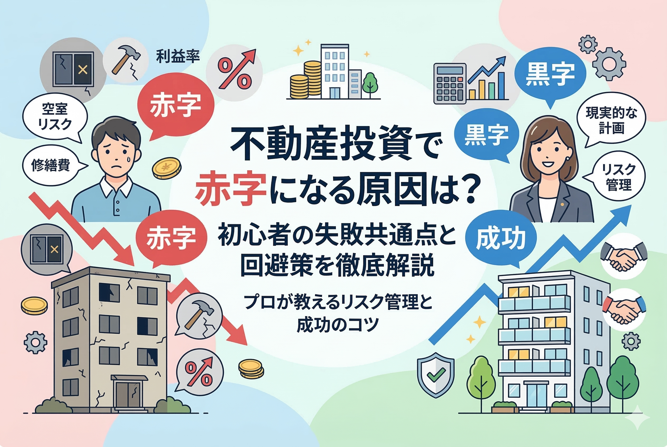 不動産投資の赤字原因と回避策を対比したイラスト。左側には赤字に悩む人と老朽化した建物、右側にはリスク管理で黒字を達成し成功している人と綺麗なマンションが描かれている。