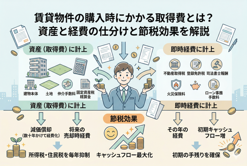 不動産投資の記事「賃貸物件の購入時にかかる取得費とは？資産と経費の仕分けと節税効果を解説」のアイキャッチ画像。中央に立つ投資家が、購入時の費用を「資産（取得費）に計上」と「即時経費に計上」に仕分けるインフォグラフィック。左側は資産として建物本体、土地、仲介手数料、固定資産税精算金を計上し、減価償却で毎年所得税を抑制する仕組み。右側は即時経費として不動産取得税、登録免許税、司法書士報酬、火災保険料、ローン手数料を計上し、初期キャッシュフローを増やす仕組み。全体で節税効果を高めることを解説しています。