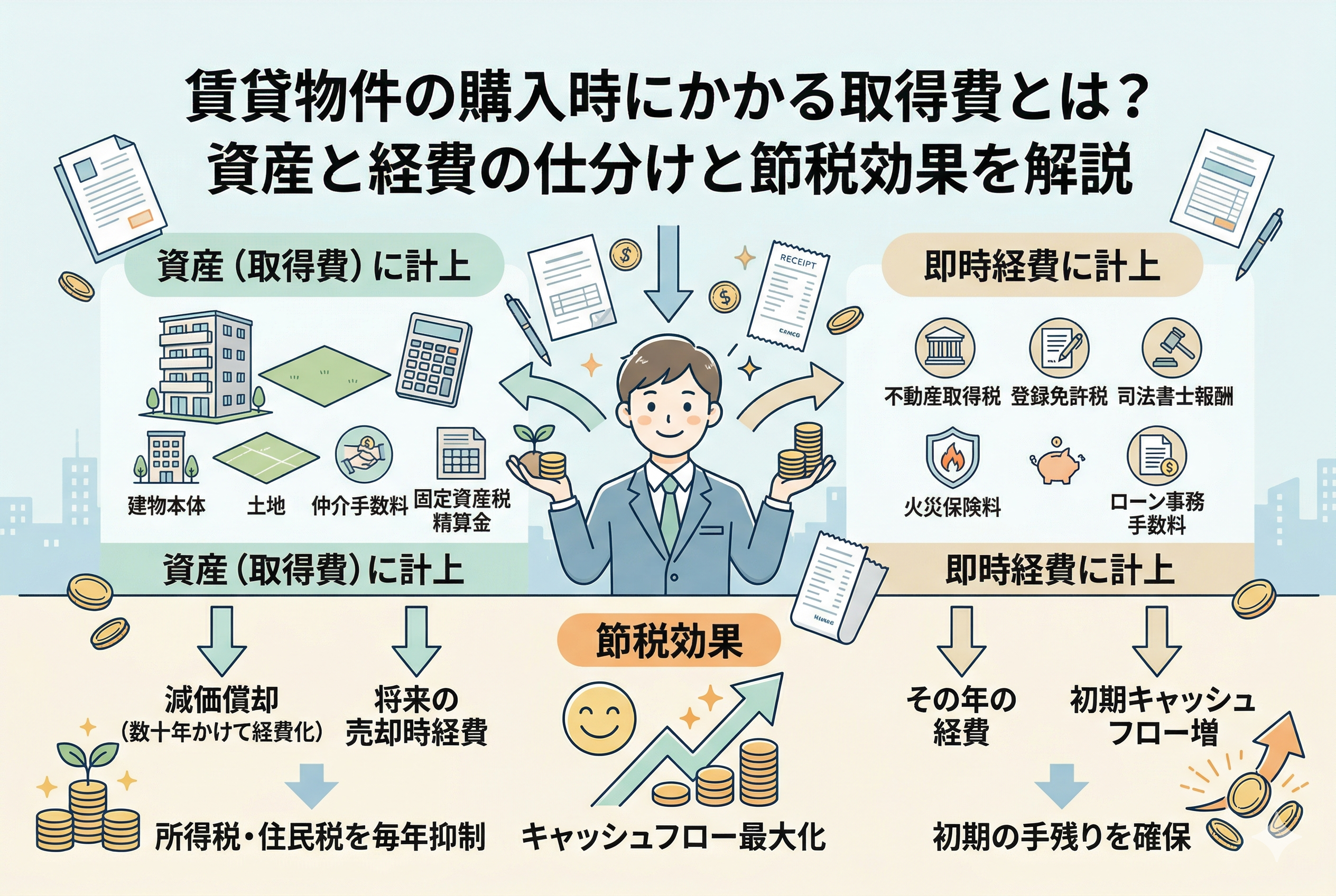 不動産投資の記事「賃貸物件の購入時にかかる取得費とは?資産と経費の仕分けと節税効果を解説」のアイキャッチ画像。中央に立つ投資家が、購入時の費用を「資産(取得費)に計上」と「即時経費に計上」に仕分けるインフォグラフィック。左側は資産として建物本体、土地、仲介手数料、固定資産税精算金を計上し、減価償却で毎年所得税を抑制する仕組み。右側は即時経費として不動産取得税、登録免許税、司法書士報酬、火災保険料、ローン手数料を計上し、初期キャッシュフローを増やす仕組み。全体で節税効果を高めることを解説しています。