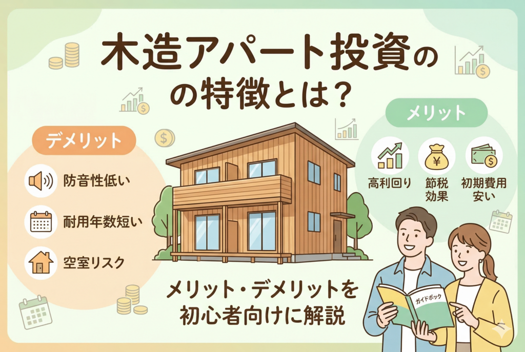 木造アパート投資のメリット（高利回り・節税・低コスト）とデメリット（防音性・耐用年数・空室リスク）を初心者向けに図解したアイキャッチ画像。