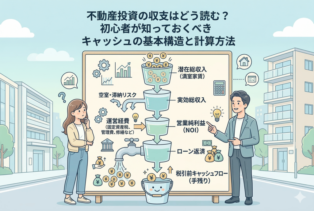 不動産投資の収支構造をバケツの水の流れで例えた図解イラスト。上から「潜在総収入（満室家賃）」が入り、「空室・滞納リスク」「運営経費」「ローン返済」という蛇口から水が抜けていき、最終的に「税引前キャッシュフロー（手残り）」のバケツに溜まる仕組みを、解説する男性と悩む女性のイラストと共に描いています。