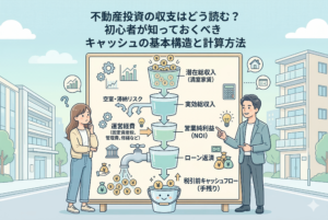 不動産投資の収支構造をバケツの水の流れで例えた図解イラスト。上から「潜在総収入（満室家賃）」が入り、「空室・滞納リスク」「運営経費」「ローン返済」という蛇口から水が抜けていき、最終的に「税引前キャッシュフロー（手残り）」のバケツに溜まる仕組みを、解説する男性と悩む女性のイラストと共に描いています。