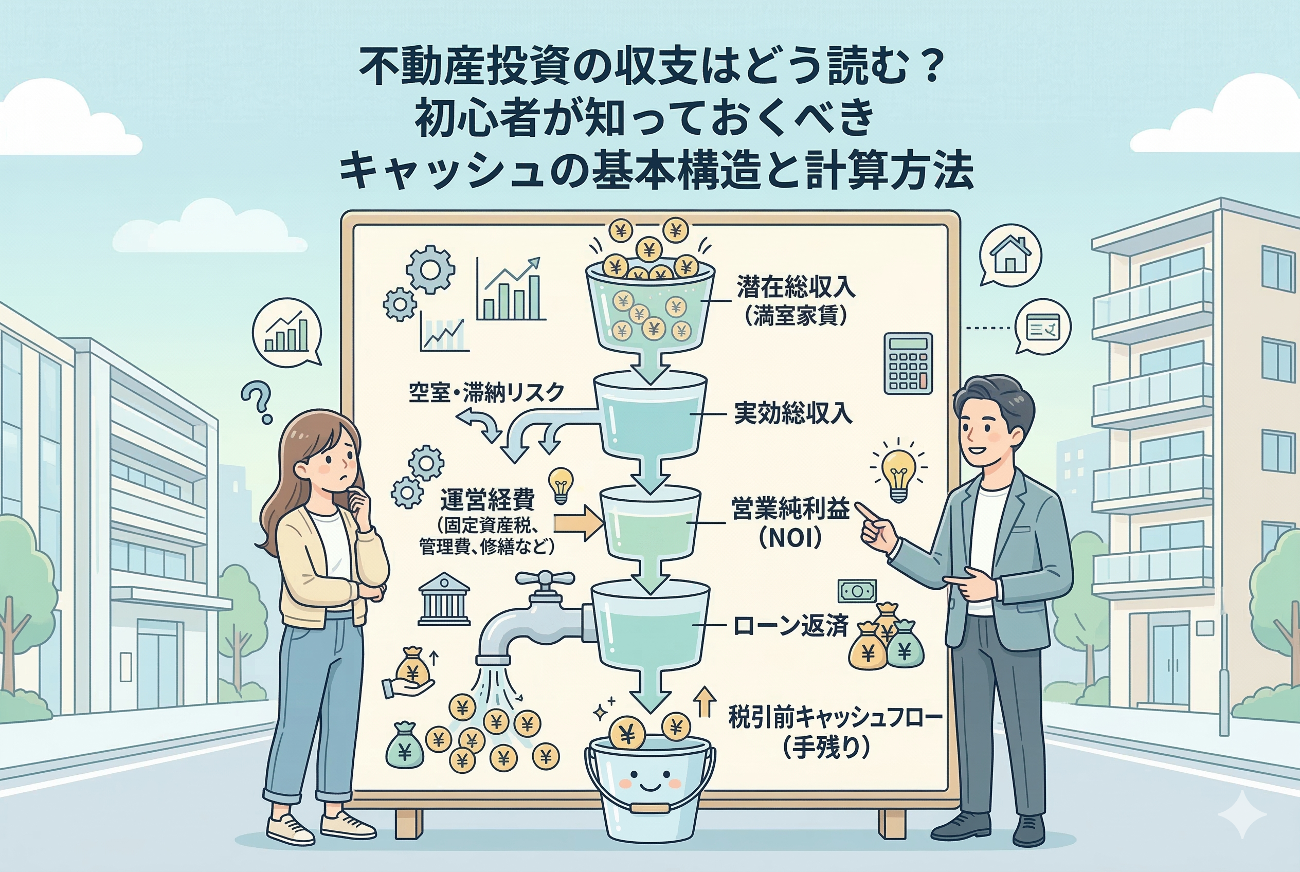 不動産投資の収支構造をバケツの水の流れで例えた図解イラスト。上から「潜在総収入（満室家賃）」が入り、「空室・滞納リスク」「運営経費」「ローン返済」という蛇口から水が抜けていき、最終的に「税引前キャッシュフロー（手残り）」のバケツに溜まる仕組みを、解説する男性と悩む女性のイラストと共に描いています。
