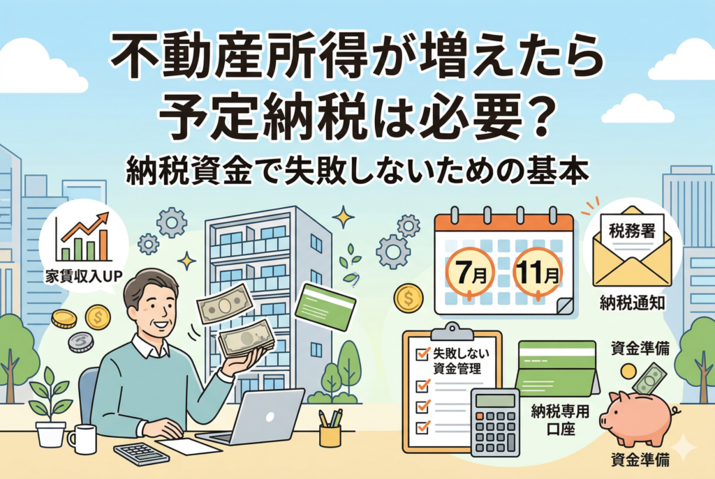 不動産オーナー向けの記事「不動産所得が増えたら予定納税は必要？ 納税資金で失敗しないための基本」のアイキャッチ画像。笑顔で家賃収入の札束を持つ男性の周りに、「家賃収入UP」、予定納税の月である「7月」「11月」のカレンダー、税務署からの「納税通知」、そして具体的な資金準備のアイコン（貯金箱、納税専用口座、失敗しない資金管理のチェックリスト）が配置されており、予定納税への備えと資金管理の重要性を視覚的に表現している。